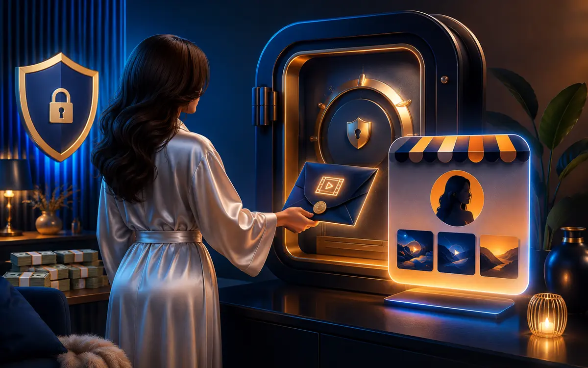 Illustration of an anonymous creator sale moving into a secure managed storefront