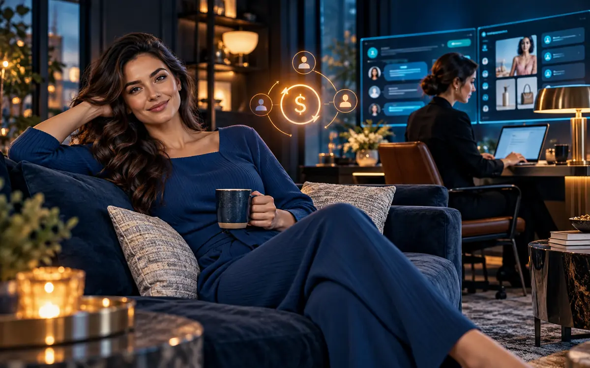 Creator relaxing while a WBN account manager operates her storefront