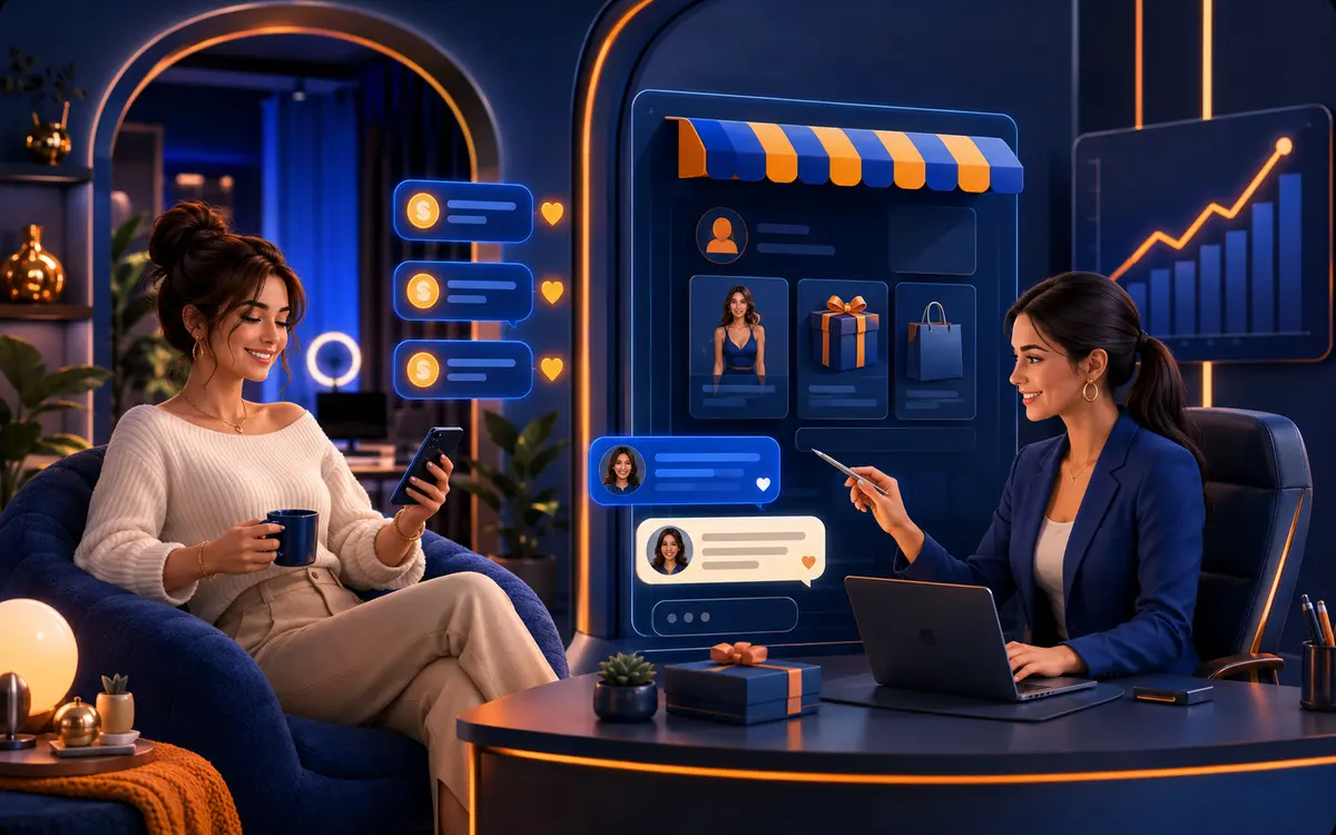 Illustration of WBN managing a creator storefront and buyer interactions