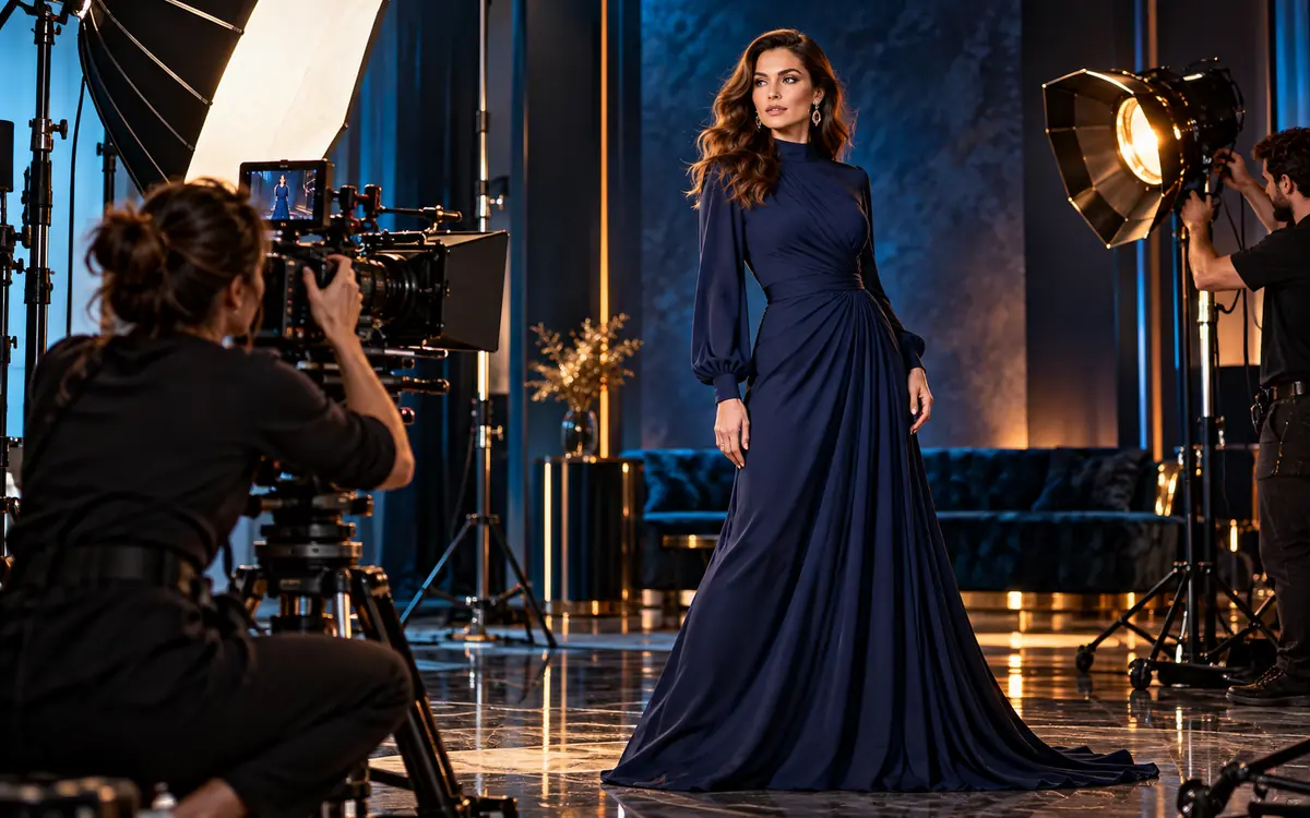 Professional model and production crew creating an original WBN studio campaign