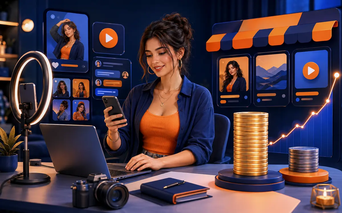 Illustration of a creator independently operating and marketing a seller storefront