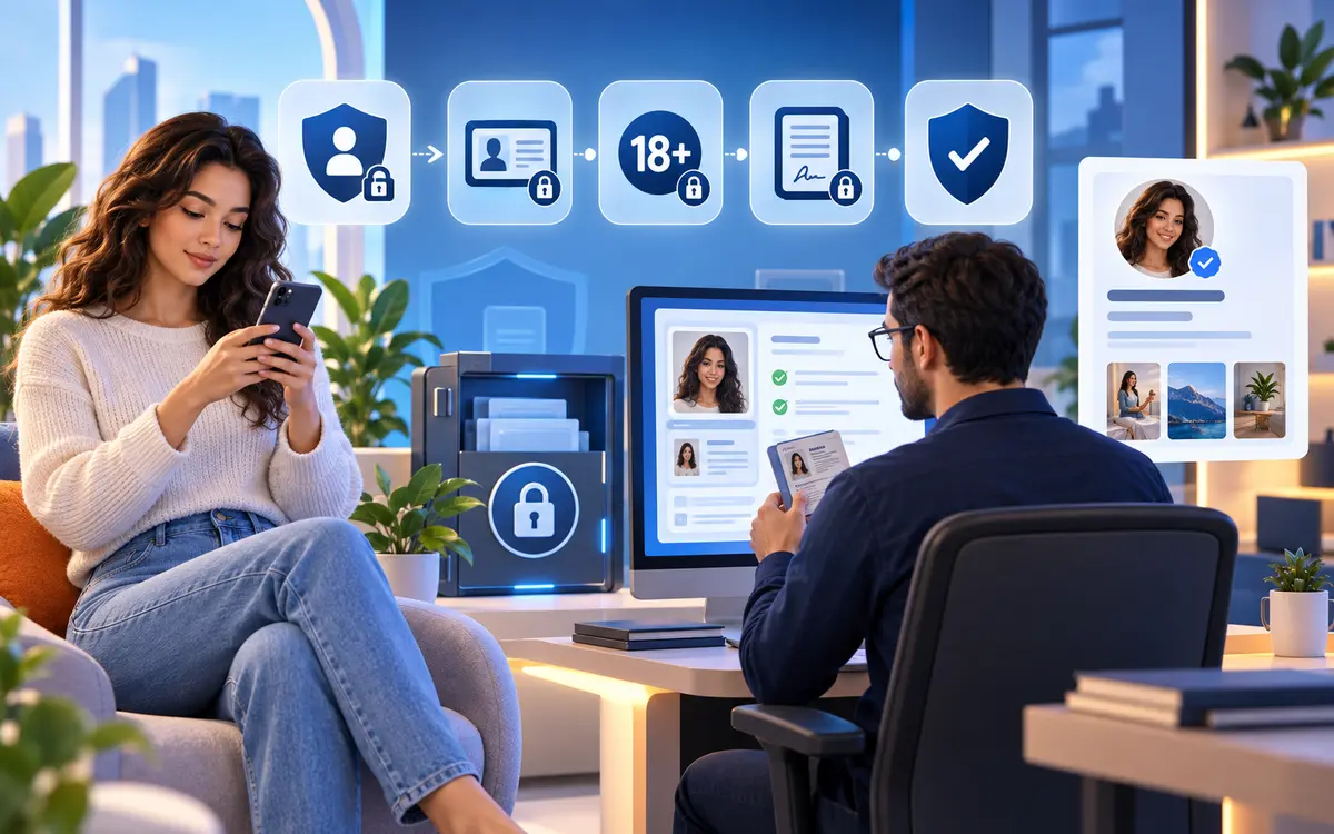Illustrated private creator verification and consent checkpoint